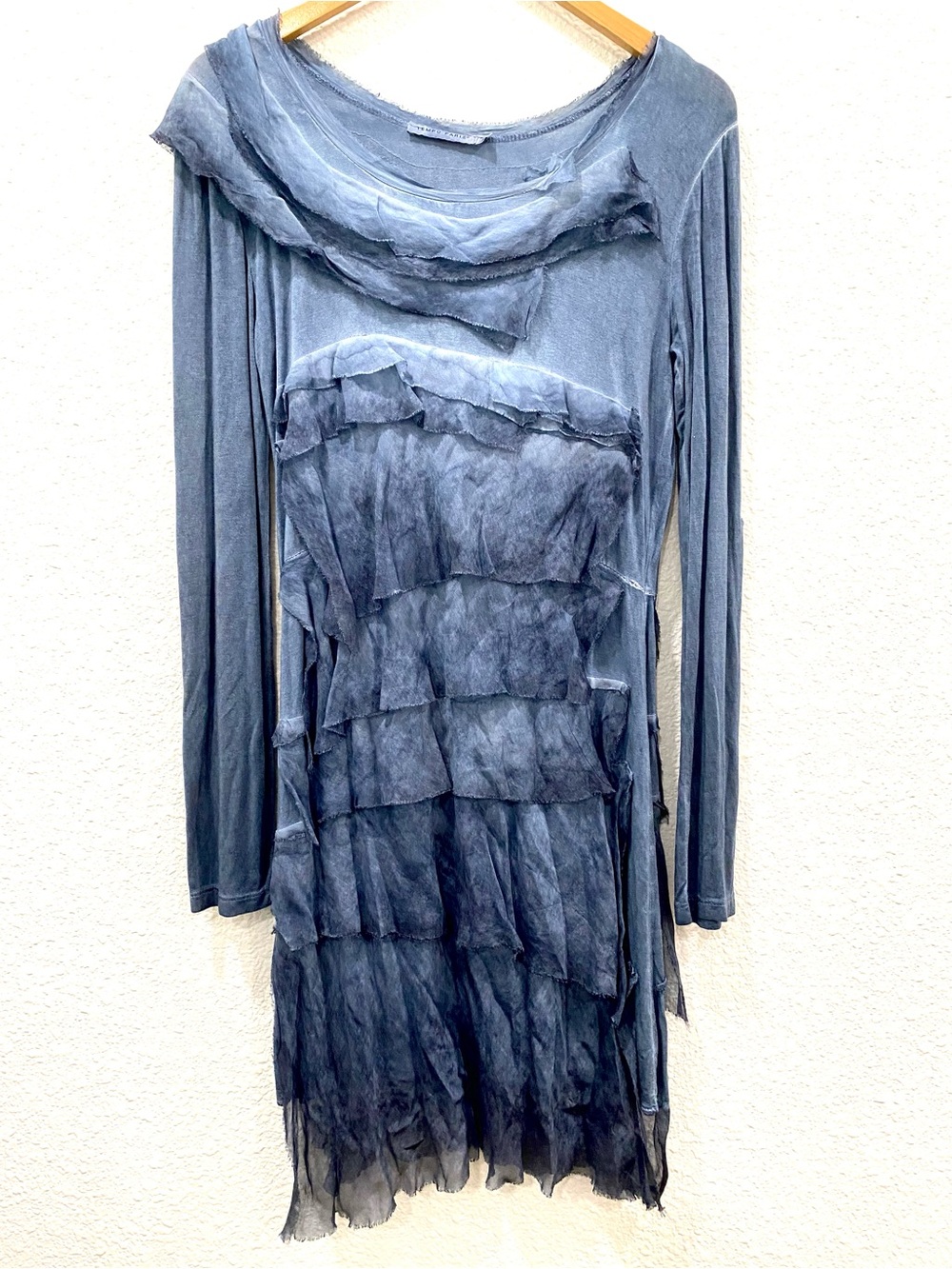 Tempo Paris Dress Blue Silk Lagenlook Boho Artsy Wearable Art Raw Edge Size M